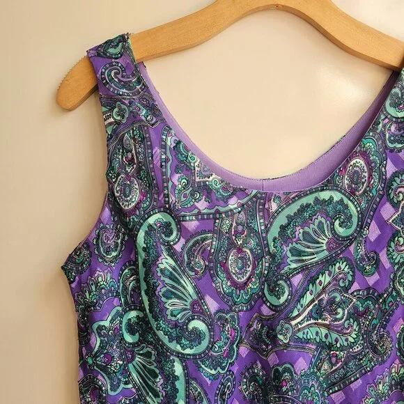 Vintage Patra Purple & Teal Paisley Sleeveless Tiered Dress,  Size 14, USA Made - Picture 4 of 8